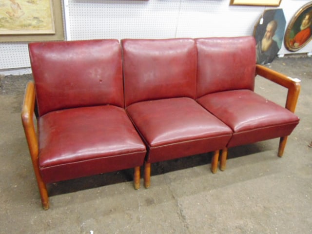 3 piece vinyl sofa, mid Century sectional, in red vinyl, maple arms, 72" long, 31" deep, height is: 3 piece vinyl sofa, mid Century sectional, in red vinyl, maple arms, 72" long, 31" deep, height is 30"