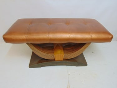 Art Deco style bench with bronze patina leather seat & lacquered base, bench is 45" by 20", height