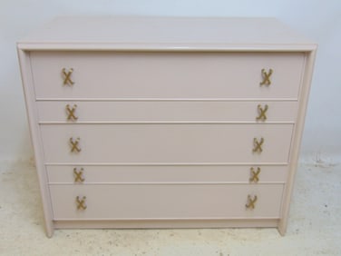 Mid Century painted chest of drawers with brass "X" hardware, chest is 40" by 22.5", height is 32.5"
