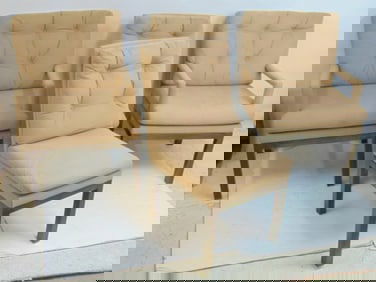 4 brass & upholstered chairs, made in Spain, two arm chairs & two side chairs, arm chairs are 24.5"