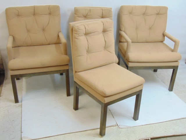 4 brass & upholstered chairs, made in Spain, two arm chairs & two side chairs, arm chairs are 24.5": 4 brass & upholstered chairs, made in Spain, two arm chairs & two side chairs, arm chairs are 24.5" wide, 22" deep, height is 36", upholstery is worn.