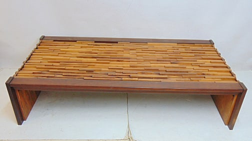 Brazilian modernist coffee table, Percival Lafer, brutalist style, table has folding sides, 58.75"