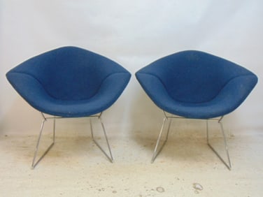 Pair mid Century Bertoia Diamond style chairs, small sized, blue upholstery, 34" wide, 28" deep,