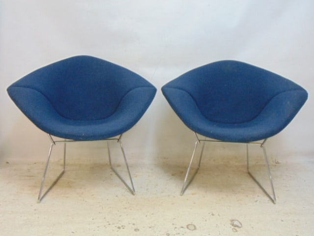Pair mid Century Bertoia Diamond style chairs, small sized, blue upholstery, 34" wide, 28" deep,: Pair mid Century Bertoia Diamond style chairs, small sized, blue upholstery, 34" wide, 28" deep, height is 31"