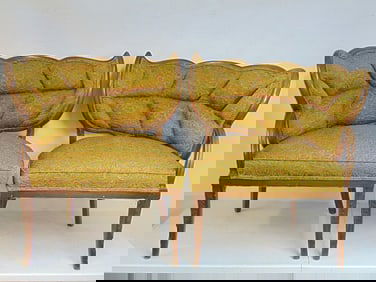 Pair vintage Mid Century leaf shaped chairs with carved legs, gold / green upholstery, each chair is