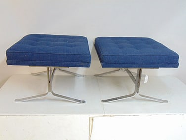 Pair mid Century steel chrome base upholstered stools, blue upholstery, stools are 24" by 24" by 17"