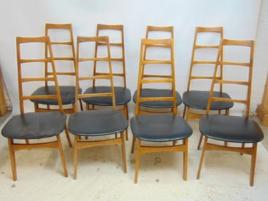 Set of 8 Mid Century ladderback chairs with vinyl seats, "made in Yugoslavia", chairs are 17" deep,
