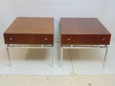 Pair Mid Century single drawer stands, American of Martinsville, mahogany case on chrome bases,