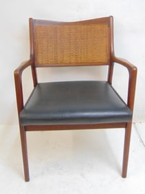 Single Mid Century arm chair with woven back & vinyl seat, no name