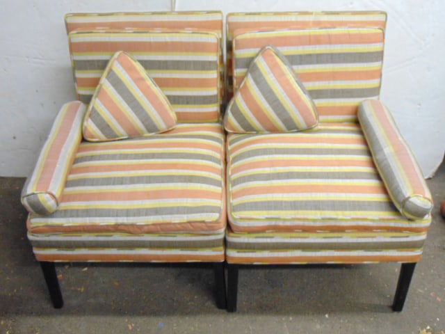 Pair upholstered Mid Century chairs, striped upholstery, black painted wood legs, 24" wide, 27.5": Pair upholstered Mid Century chairs, striped upholstery, black painted wood legs, 24" wide, 27.5" deep, height is 32.5", can be pushed together to form a loveseat.