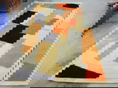 Mid Century rug signed Schwitters (Kurt), needs a cleaning, abstract pattern, rug is signed, 9'2" by