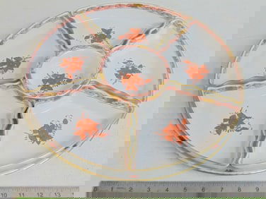 Herend porcelain divided server platter, Chinese Bouquet rust, gilt accents, round tray holding 6