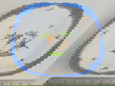 Herend porcelain bowl, Rothchild bird with blue accented border, good condition, 10 5/8" by 10 5/8",