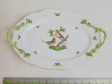 Herend porcelain serving tray, Rothchild bird, with floral handles, tray is 14 7/8" long, 10" wide,