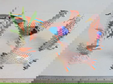 4 Herend animal figurines in orange fishnet pattern, includes fish, bird, (13" long), penguin &