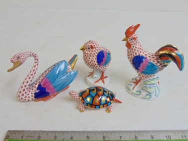 4 Herend porcelain animal figures in red fishnet pattern, includes turtle, rooster, chick & swan,