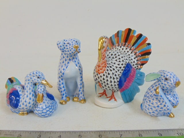4 Herend figurines with fishnet decoration, three in blue, one in black, blue dog, blue bunny, blue: 4 Herend figurines with fishnet decoration, three in blue, one in black, blue dog, blue bunny, blue ducks & black turkey, turkey is 4.75" tall, 3.75" wide, all in good condition.