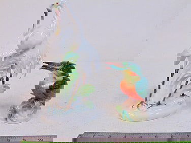 2 Herend porcelain bird sculptures, bird with fish & pair cranes, both in good condition, cranes are