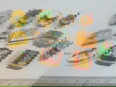 Collection of 12 porcelain Limoges boxes, various designs, several with bronze trim, includes