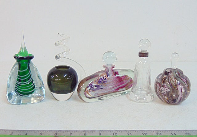 5 art glass perfume bottles, various designs, one signed Rich Miller, one with silver collar.: 5 art glass perfume bottles, various designs, one signed Rich Miller, one with silver collar.