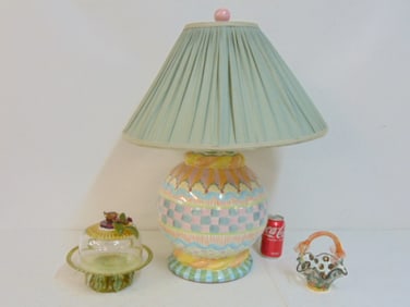 3 pieces MacKenzie Childs, Aurora, New York, includes glass basket with handle, diminutive glass