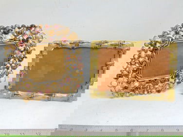 2 decorative bronze & stone frames by Jay Strongwater, frame with faux bamboo & jewels edge, leaf