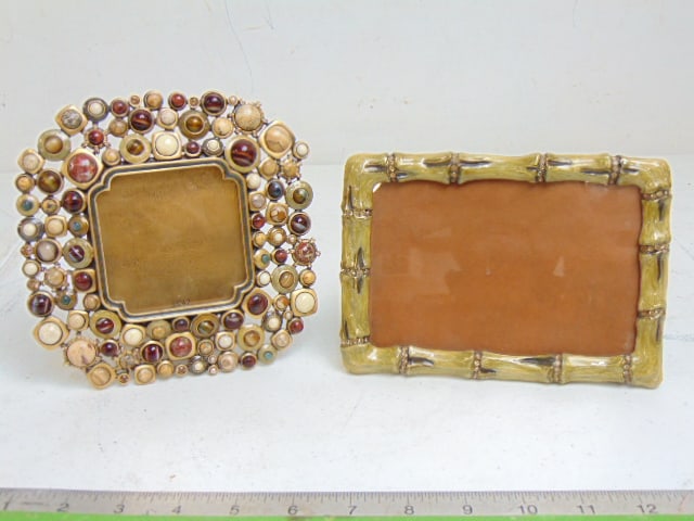 2 decorative bronze & stone frames by Jay Strongwater, frame with faux bamboo & jewels edge, leaf: 2 decorative bronze & stone frames by Jay Strongwater, frame with faux bamboo & jewels edge, leaf shaped stand & stone inlaid frame with various semi precious stones in frame and is 6.25" by 6.25", ho
