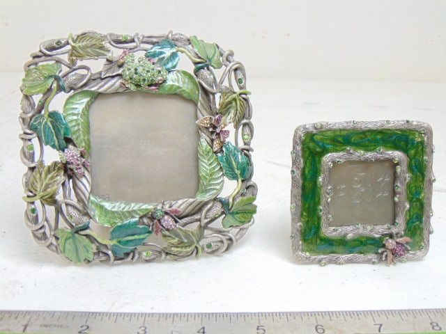 2 Jay Strongwater decorative Pewter & jeweled enamel frames, one is decorated with frog, leaves,: 2 Jay Strongwater decorative Pewter & jeweled enamel frames, one is decorated with frog, leaves, butterfly & bee and is 5" by 5, hold a 2.5" by 2.5" image, smaller frame has single fly and is 3" by 3"
