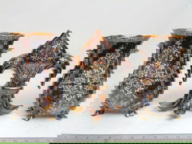 3 pieces of enamel decorated tortoiseshell pattern glazed ceramic, signed, 19th Century, pair vases