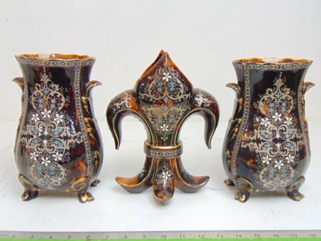 3 pieces of enamel decorated tortoiseshell pattern glazed ceramic, signed, 19th Century, pair vases: 3 pieces of enamel decorated tortoiseshell pattern glazed ceramic, signed, 19th Century, pair vases are 9" tall, single fleur-de-lis shaped vase is 9 5/8" tall, signed with monogram, paper label reads