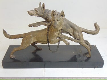 Bronze figural statue signed Drouot (Edouard) 2 large dogs jumping with collars, silver patina on