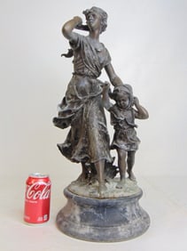 Figural bronze, woman & child, weathered patina (very) on slate base, after Moreau, unsigned, height