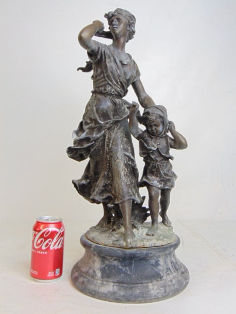 Figural bronze, woman & child, weathered patina (very) on slate base, after Moreau, unsigned, height: Figural bronze, woman & child, weathered patina (very) on slate base, after Moreau, unsigned, height is 22"