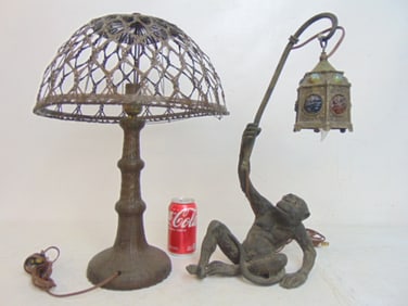 2 lamps, figural monkey lamp holding lantern & woven copper table lamp with shade, linen on shade
