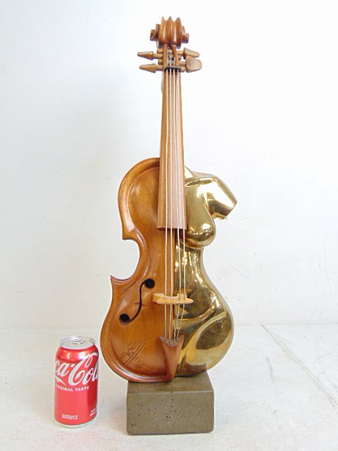 Bronze & wood "Nude Violin" sculpture, signed Guillerm (Philippe), carved wood violin with other: Bronze & wood "Nude Violin" sculpture, signed Guillerm (Philippe), carved wood violin with other half a polished brass female nude torse, height is 26"