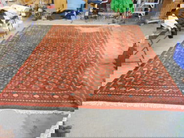 Large roomsize Bokhara carpet, silk wool mix, in rust brown, rug is 12'5" by 10'3", good pile, good