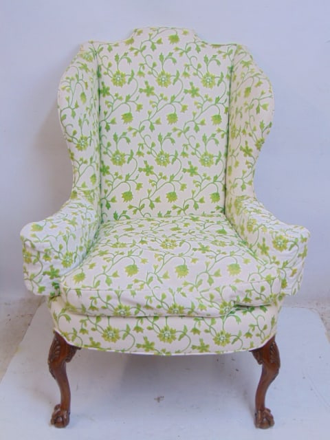 Upholstered wing chair with carved wood legs with ball & claw feet, green on white upholstery, chair: Upholstered wing chair with carved wood legs with ball & claw feet, green on white upholstery, chair is 20" deep (seat), 33" wide, height is 45"