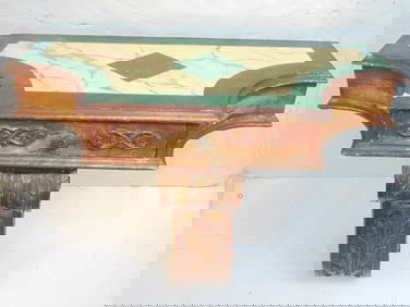 Gilt wood wall console with drawer top is 29.25" by 14", height is 26", has repair at bottom curl.