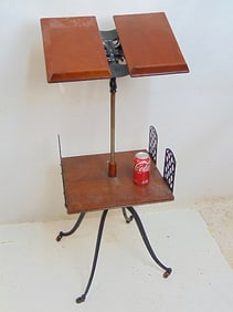 Mahogany & iron dictionary stand by Lambie, NY, folding top, rotating lower shelf with iron sides,