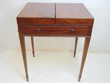 Empire mahogany fold over desk, inlaid detail, desk (closed) is 27" by 21", opened 54", height is