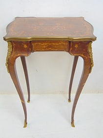 Inlaid brass mounted single drawer stand, floral inlay, some veneer chips on legs, stand is 19.25"