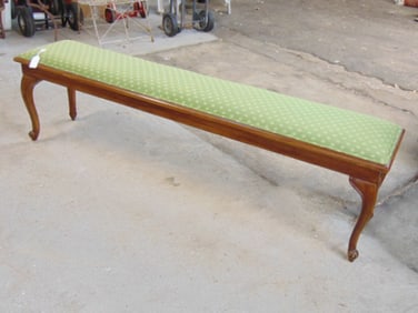 Long mahogany hall bench with upholstered top, bench is 72.25" long, 15.25" deep, height is 19.5"