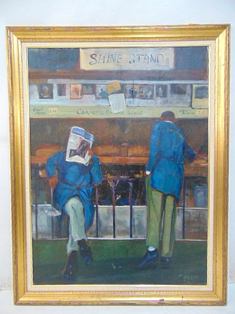 Painting, "Shine Stand", signed J. Jarcho, oil on canvas, has several tears, canvas is 40" by 30",: Painting, "Shine Stand", signed J. Jarcho, oil on canvas, has several tears, canvas is 40" by 30", framed size is 45.75" by 36"