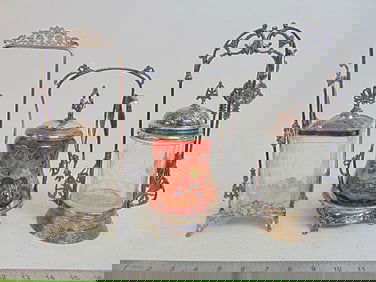 3 Victorian pickle castors, silverplate & glass, with tongs, one in pink floral decorated glass,