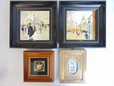 Framed Persian scene, Don Quixote relief in 24K gold, "Comercial Midas", 7.75" by 7.75" & 2 framed