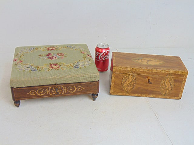 Inlaid mahogany tea caddy & inlaid foot warmer, caddy decorated with bird figures in front & sea: Inlaid mahogany tea caddy & inlaid foot warmer, caddy decorated with bird figures in front & sea shell on lid, has working lock with key, 10.75" by 5", height is 5", foot warmer has inlaid base & flor