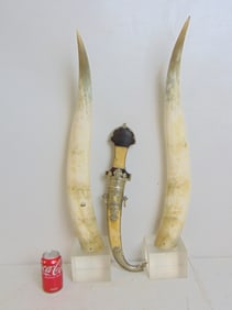 Pair large horns on Lucite bases & decorative Persian dagger, horns are 31.5" tall, dagger is 20"