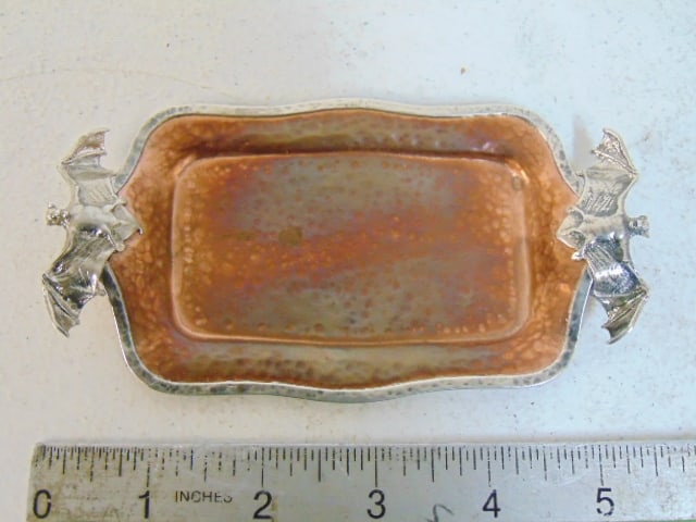Rare Joseph Heinrich bat themed card de visite tray, copper & silver, 5 3/8" by 3": Rare Joseph Heinrich bat themed card de visite tray, copper & silver, 5 3/8" by 3"