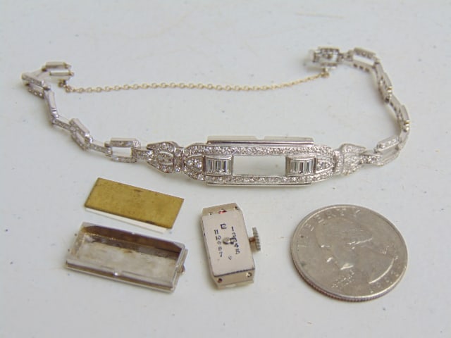 Jewelry. Art Deco Platinum Diamond lady's wristwatch, 17.90 grams band & back only not movement,: Jewelry. Art Deco Platinum Diamond lady's wristwatch, 17.90 grams band & back only not movement, tested platinum
