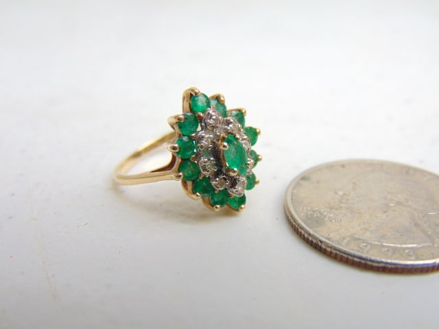 Jewelry. Vintage Emerald & Diamond ring, 2.98 grams, size 6, 8 small diamonds, tested 14k, hallmark: Jewelry. Vintage Emerald & Diamond ring, 2.98 grams, size 6, 8 small diamonds, tested 14k, hallmark is worn.